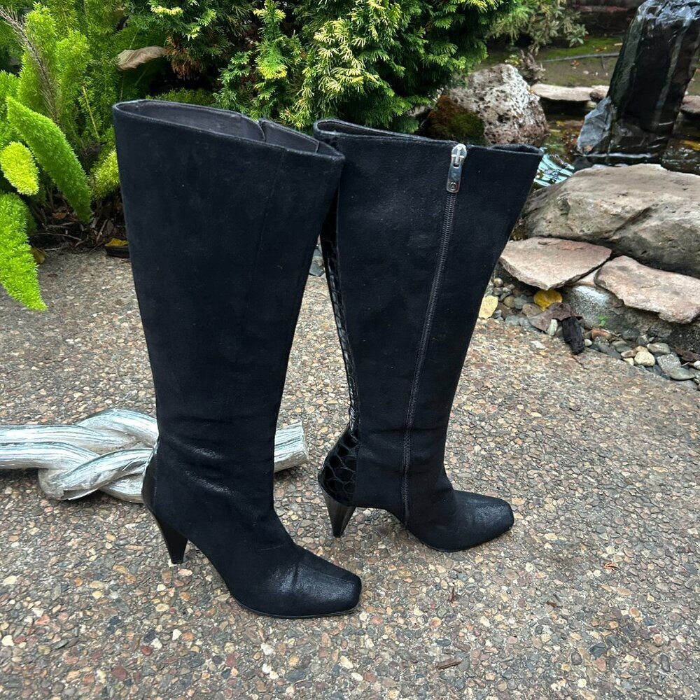 Donald J. Pliner Couture Bobina Black Suede Croc Panel High Heel Boots Size 10N - Picture 15 of 16